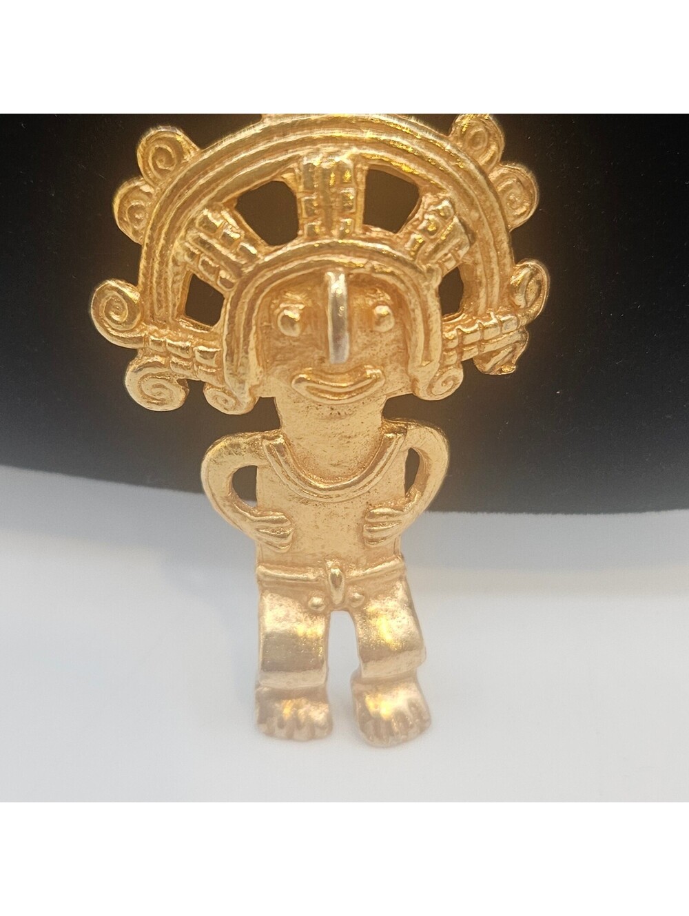 Vintage Alva Studios Aztec Mayan 3D Figural Brooch Folk Art Gold Tone 2.5"